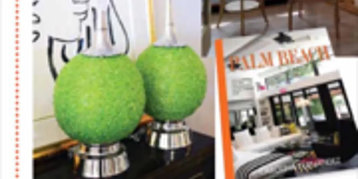 Green gourd lamps beside a stack of Palm Beach design books